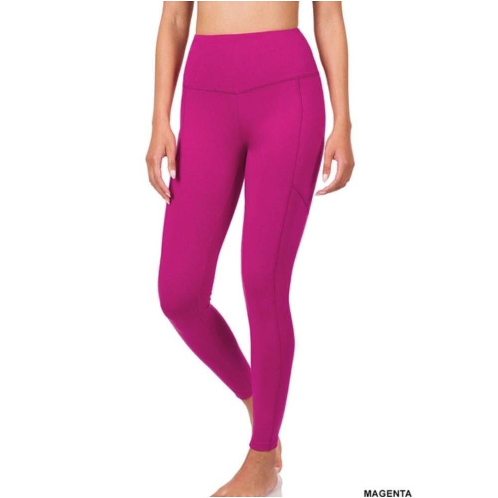 Zenana Wide Waistband Cotton Leggings‎ with Pocket Magenta Size 3X